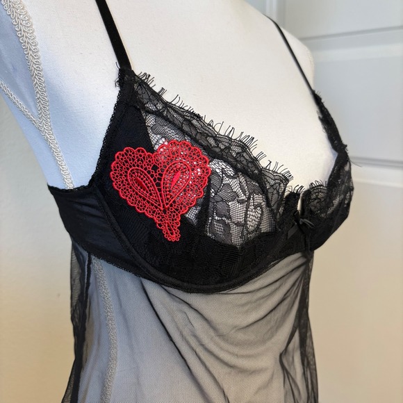 Victoria's Secret Very Sexy Black Mesh Lace Heart Babydoll Slip 36C - Picture 2 of 6